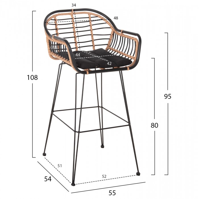 ΣΚΑΜΠΟ ΜΠΑΡ ALLEGRA HM5690.11 ΜΕΤΑΛΛΟ&ΜΑΞΙΛΑΡΙ ΜΑΥΡΟ-WICKER ΜΠΕΖ 55x54x108Υεκ.