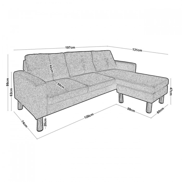 Καναπ.Γωνία Αναστρέψιμος Ύφασμα Αν.Γκρι 197x131x74/H.86 cm