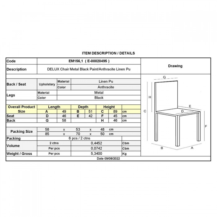 Καρέκλα Μεταλλική Βαφή Μαύρη/PU Ανθρακί 45x54x90cm