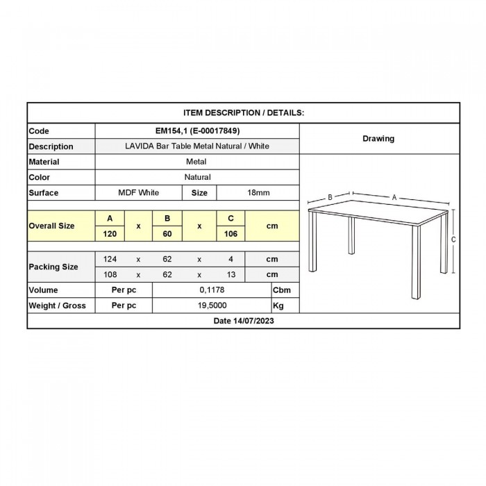 Τραπέζι bar 120x60cm μεταλλικό