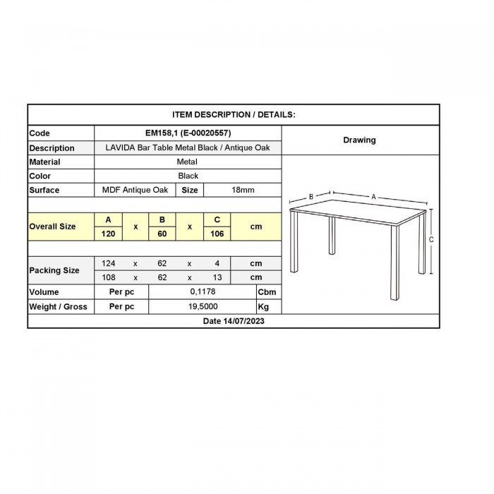 Τραπέζι BAR 120x60x106cm Antique Oak, Μεταλ.Μαύρο