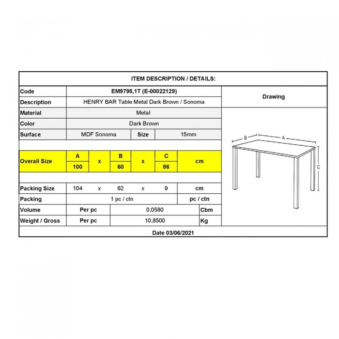 Τραπέζι BAR 100x60x86cm Μεταλ.Σκ.Καφέ/Sonoma