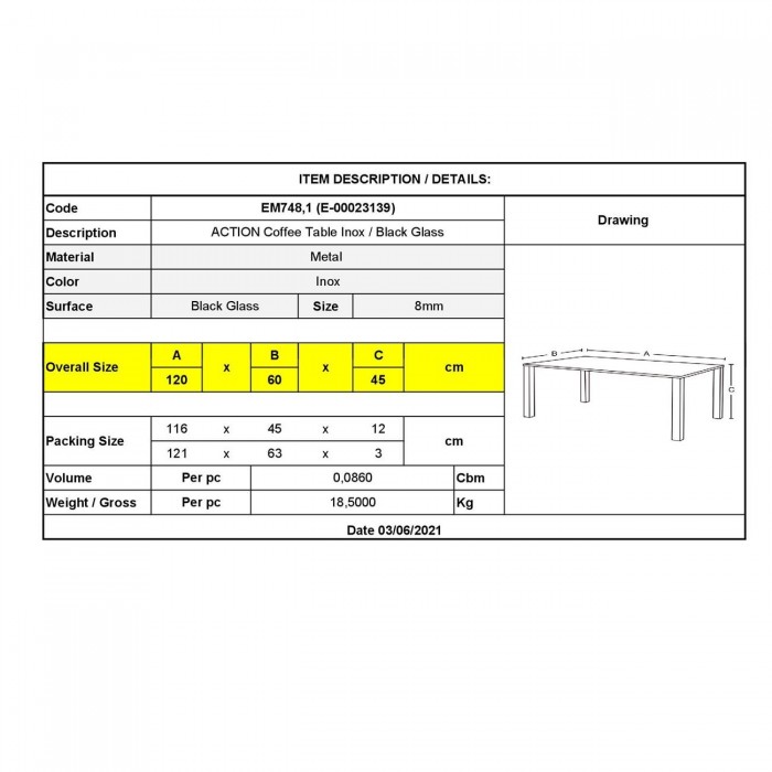 Tραπεζάκι Σαλονιού - Καθιστικού 120x60cm Inox / Μαυρό Γυαλί 8mm